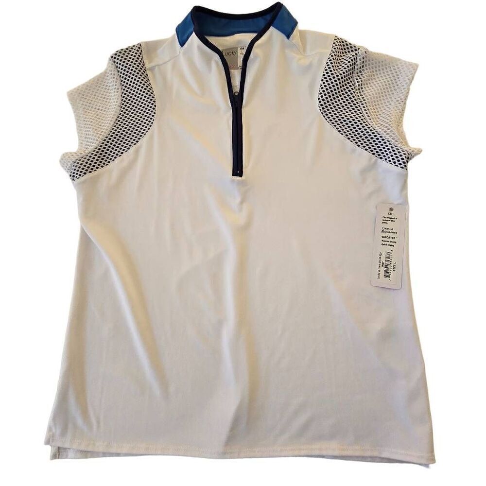NWT Lucky In Love Womens Short Sleeve White Blue Athletic Tennis Top Large